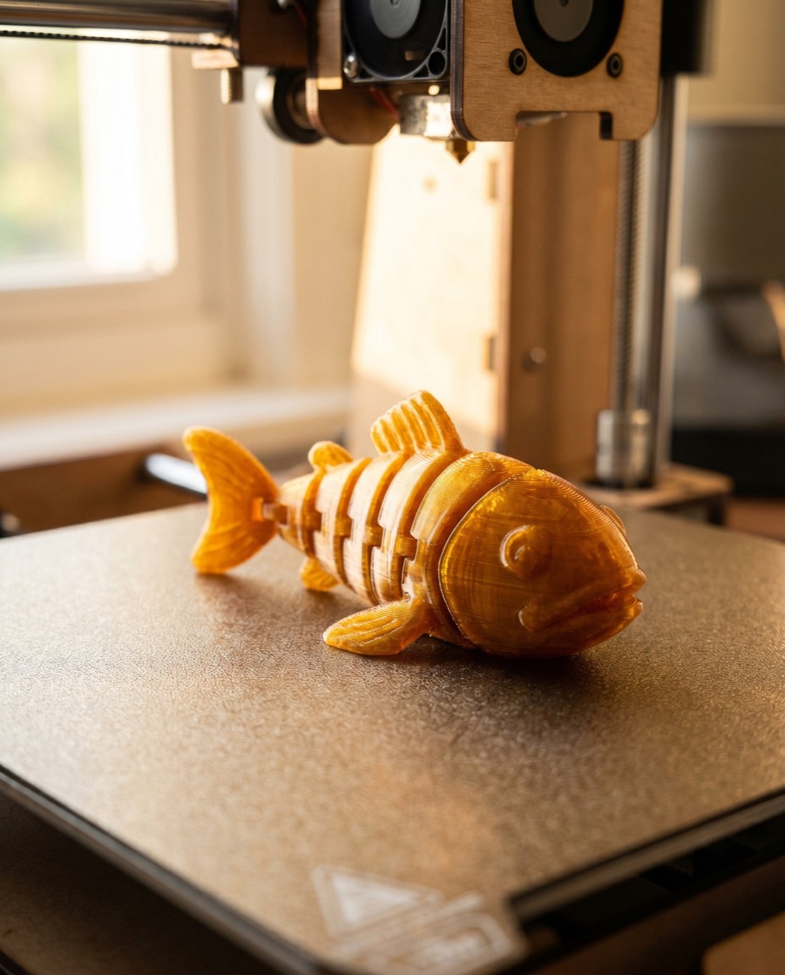 A freshly printed amber flexi fish resting on a 3D printer build plate