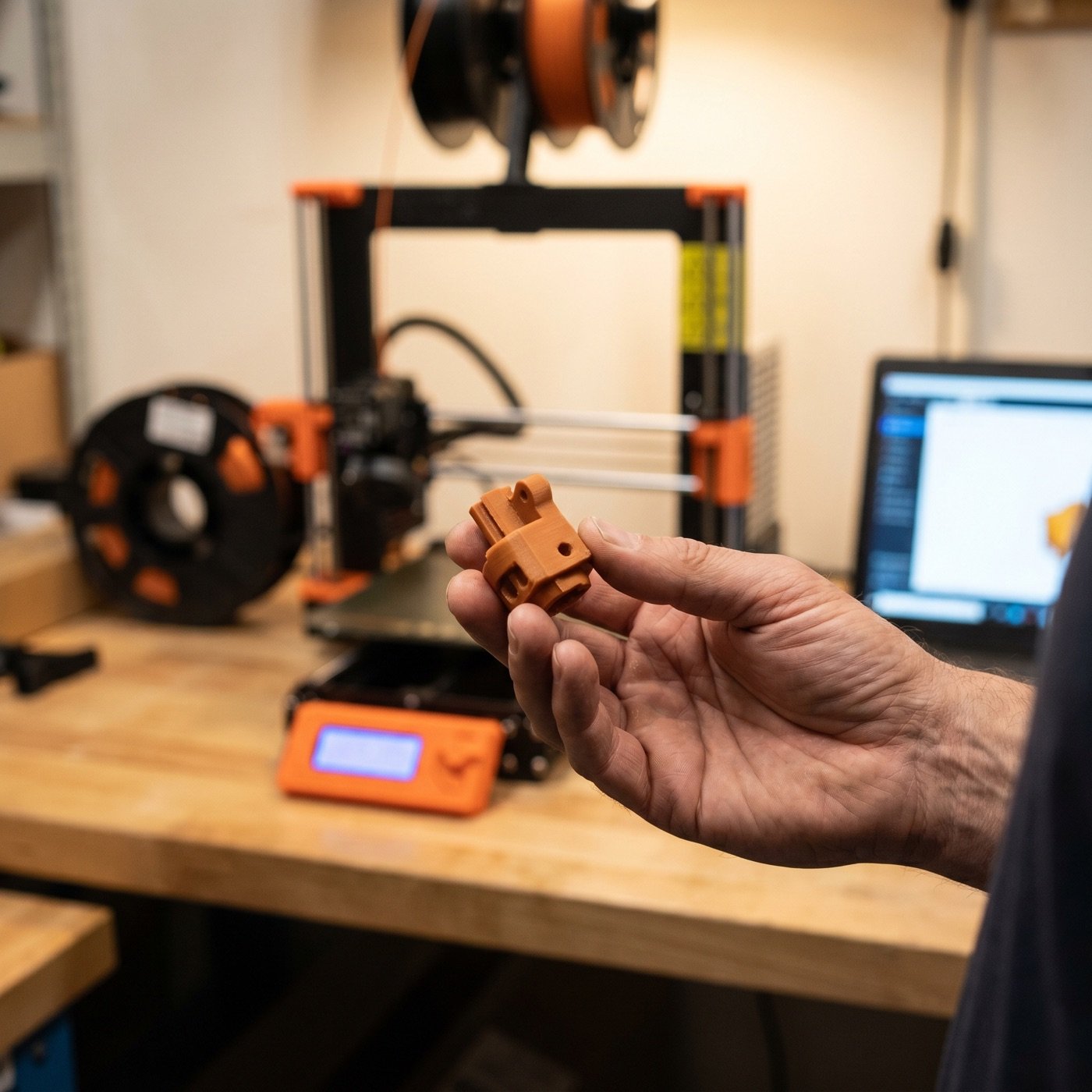 A maker inspecting a freshly 3D-printed part at the workbench