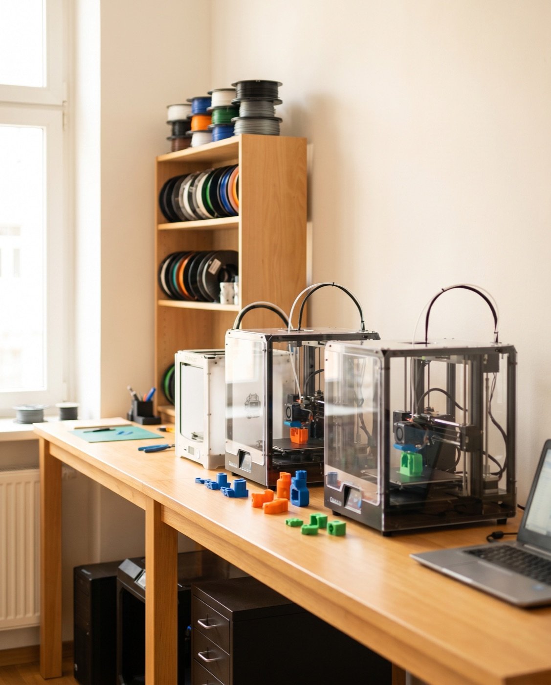 Several desktop 3D printers running on a wooden workbench in the workshop